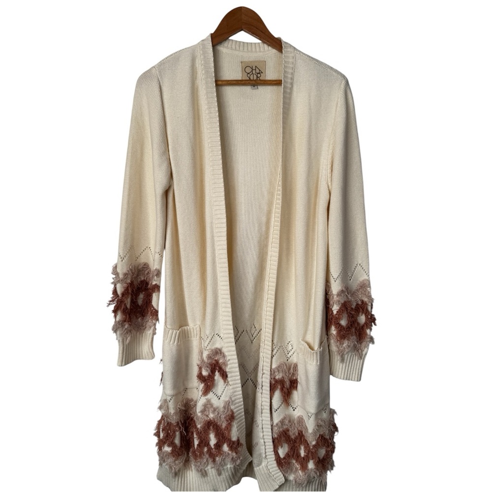 Chaser Open-Front Cream Knit Long Cardigan with Brown Accent Fringe